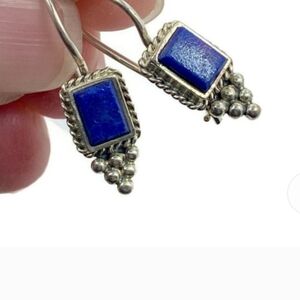 Womans Blue Lapis Sterling Silver Vintage Dangle Earrings